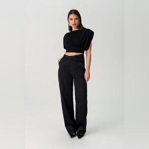 Adoore Gent Asymmetric Satin Wide Leg Pants in Black